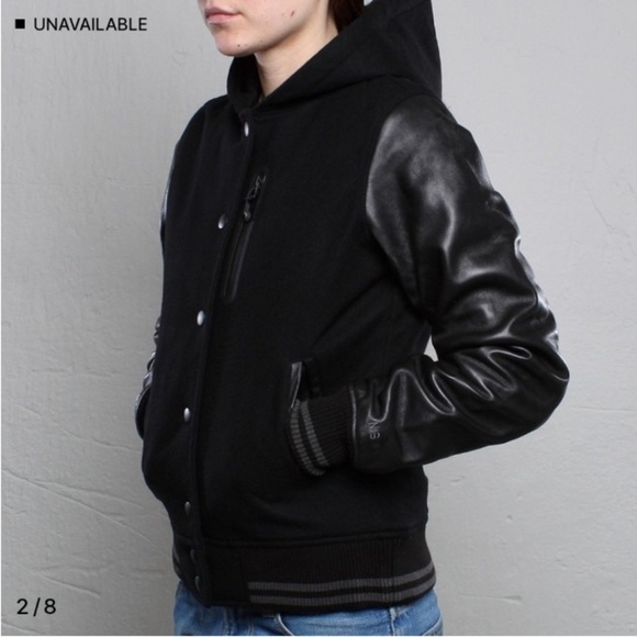 Nike NSW Black Leather Wool Hooded Destroyer Varsity Bomber Jacket Sz S Preppy - Picture 16 of 16